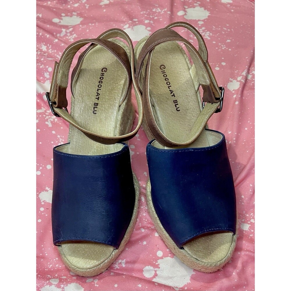 Chocolat Blu SZ7.5 Espadrille Wedge Sandals Navy Blue Brown Leather Peep Toe